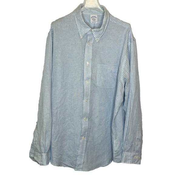 Men XXL Brooks Brothers Baird McNutt Regent Blue Gingham Linen Button Down Shirt - Picture 1 of 5